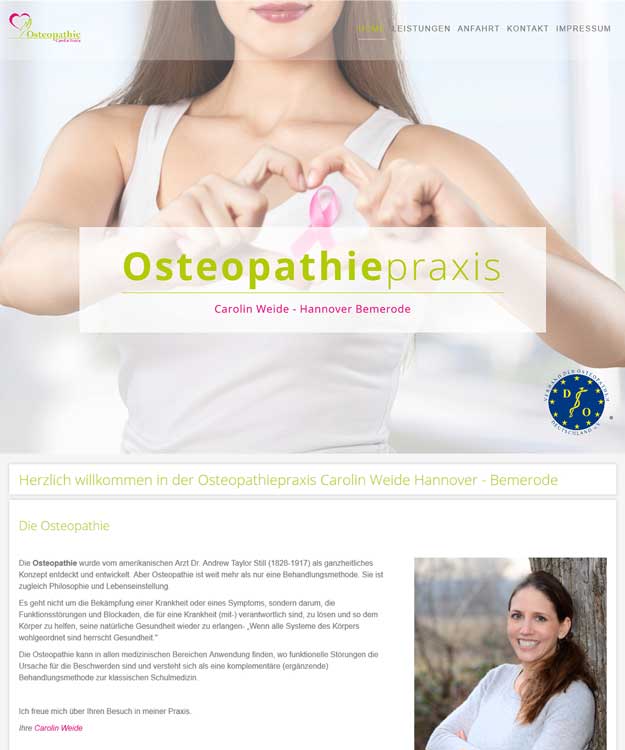 Werbeagentur Hannover - Existenzgr&uuml;nder Paket f&uuml;r Osteopathiepraxis Carolin Weide, Hannover Bemerode Logogestaltung, Visitenkarten, Flyer, Website, Banner, Paxisschild