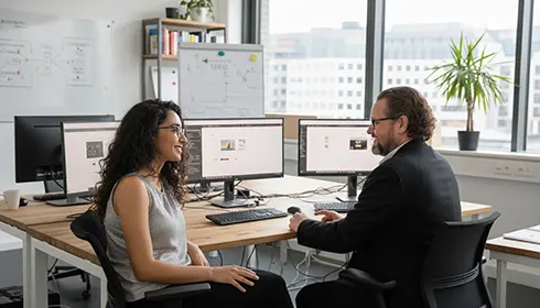 Webdesign-Team bei einer Besprechung einer Website